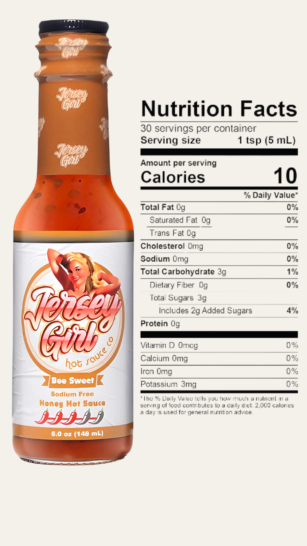 Jersey Girl hot sauce bottle with nutrition facts label on a white background