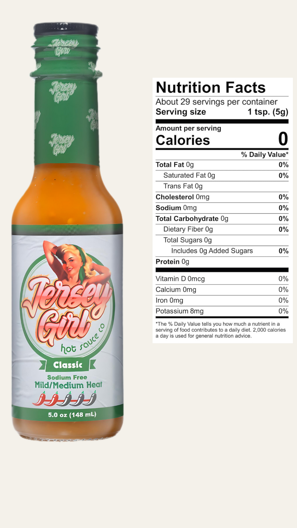 Jersey Girl hot sauce bottle with nutrition facts label