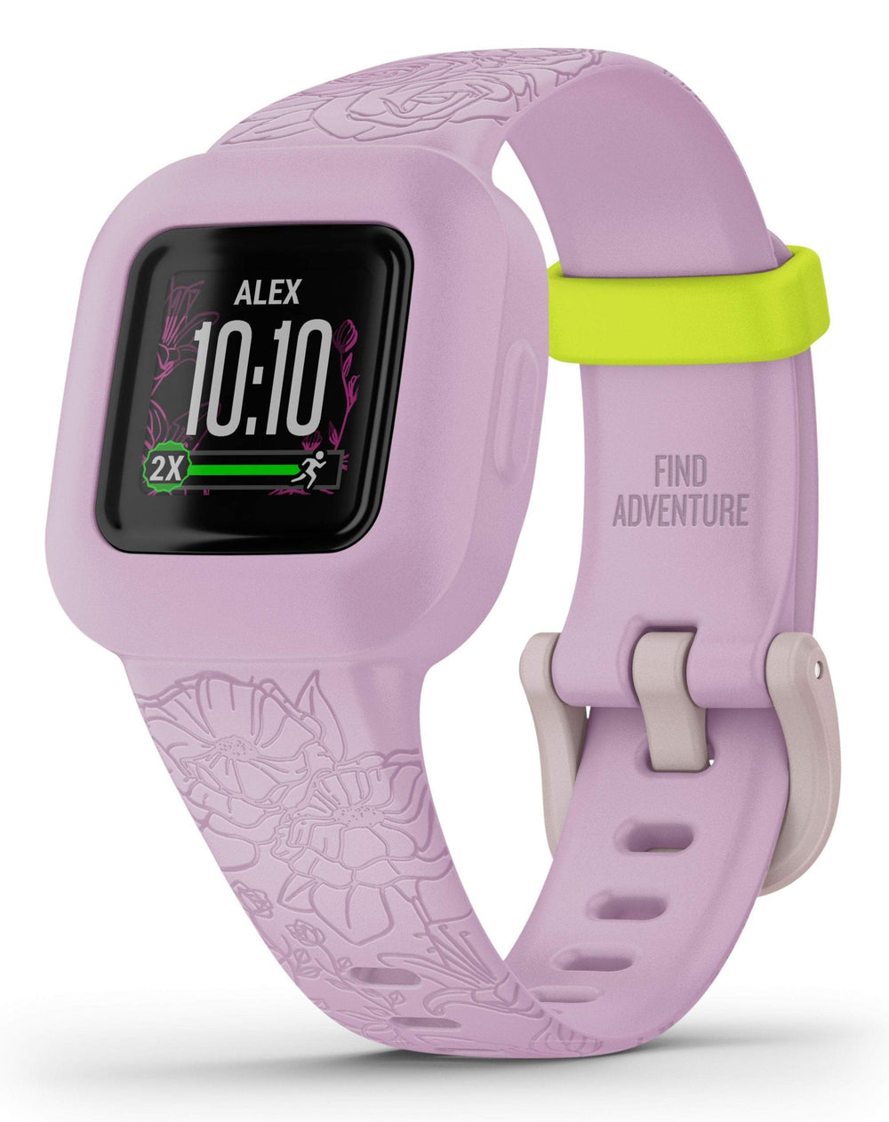 Front view of the Garmin vivofit jr 3 Kids Fitness Tracker in Floral Pink