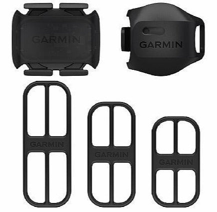 View of the Garmin Bike Speed Sensor 2 and Cadence Sensor 2 Bundle with the 3 bands laid out.