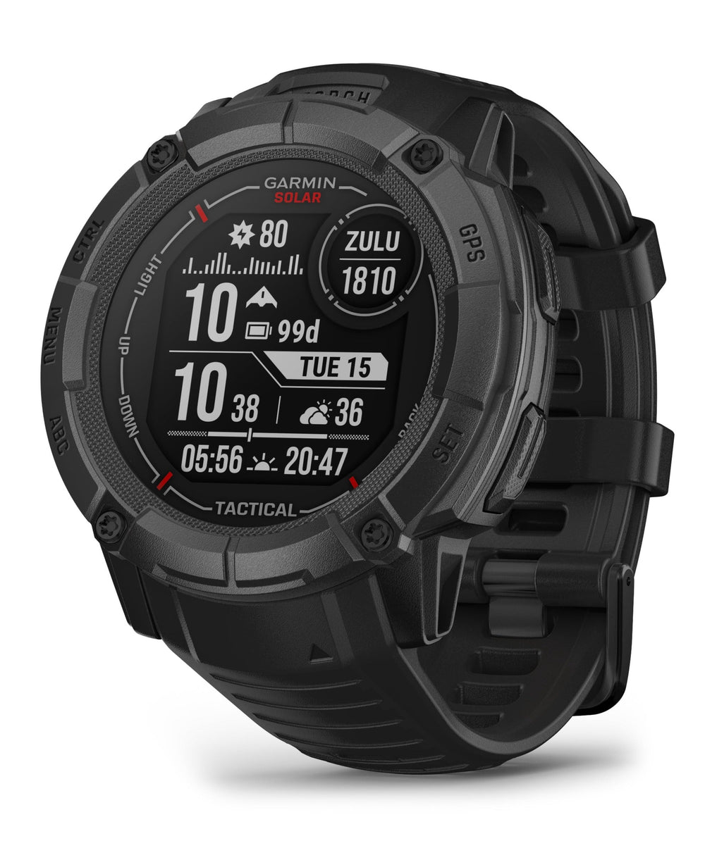 Front view of the Garmin Instinct 2X Solar Rugged Smartwatch in Black Tactical Edition
