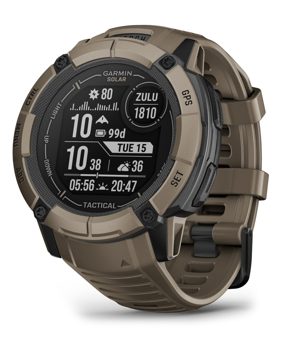 Front view of the Garmin Instinct 2X Solar Rugged Smartwatch in Coyote Tactical Edition