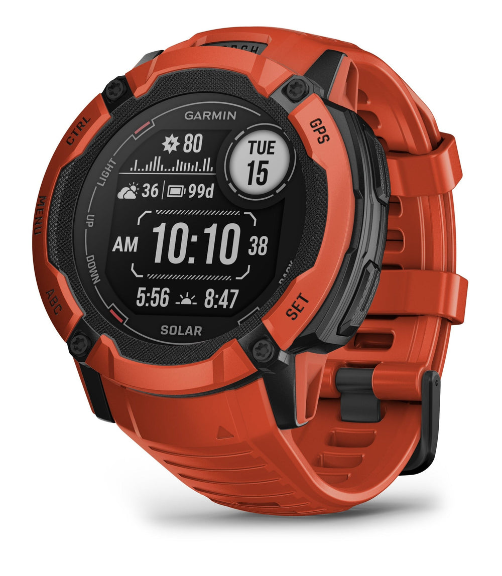 Front view of the Garmin Instinct 2X Solar Rugged Smartwatch in Flame Red