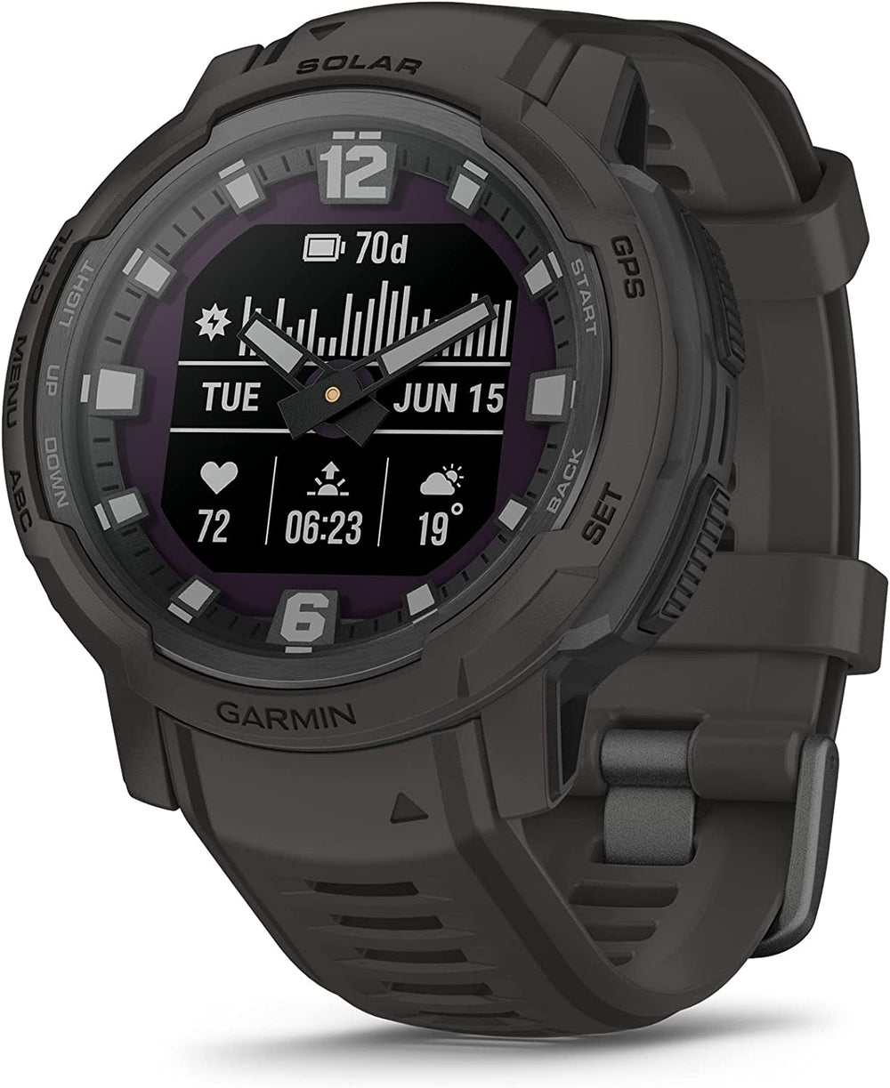 Front view of Garmin Instinct Crossover Rugged Hybrid Smartwatch Solar Edition in Graphite