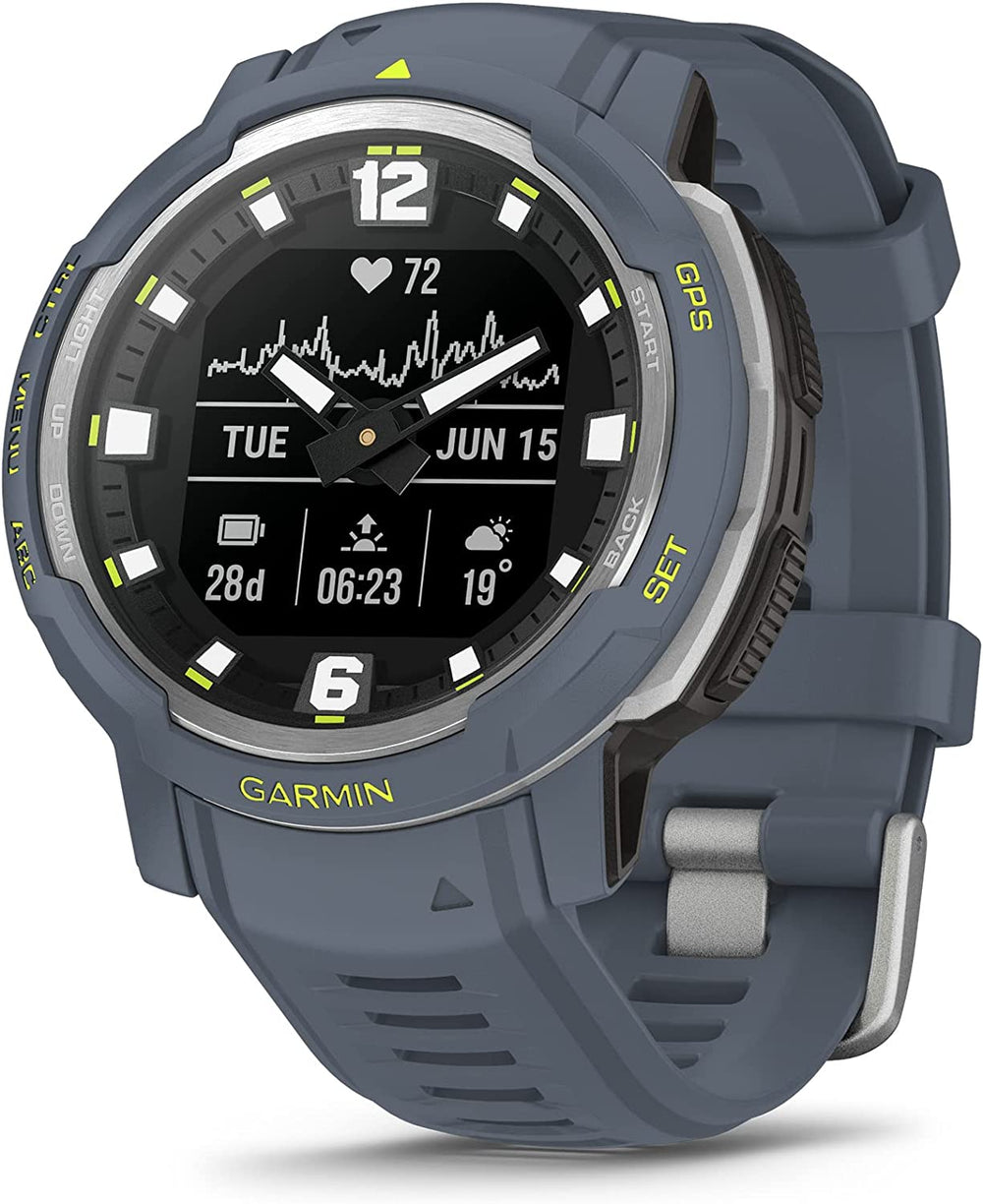 Front view of Garmin Instinct Crossover Rugged Hybrid Smartwatch Standard Edition in Granite Blue