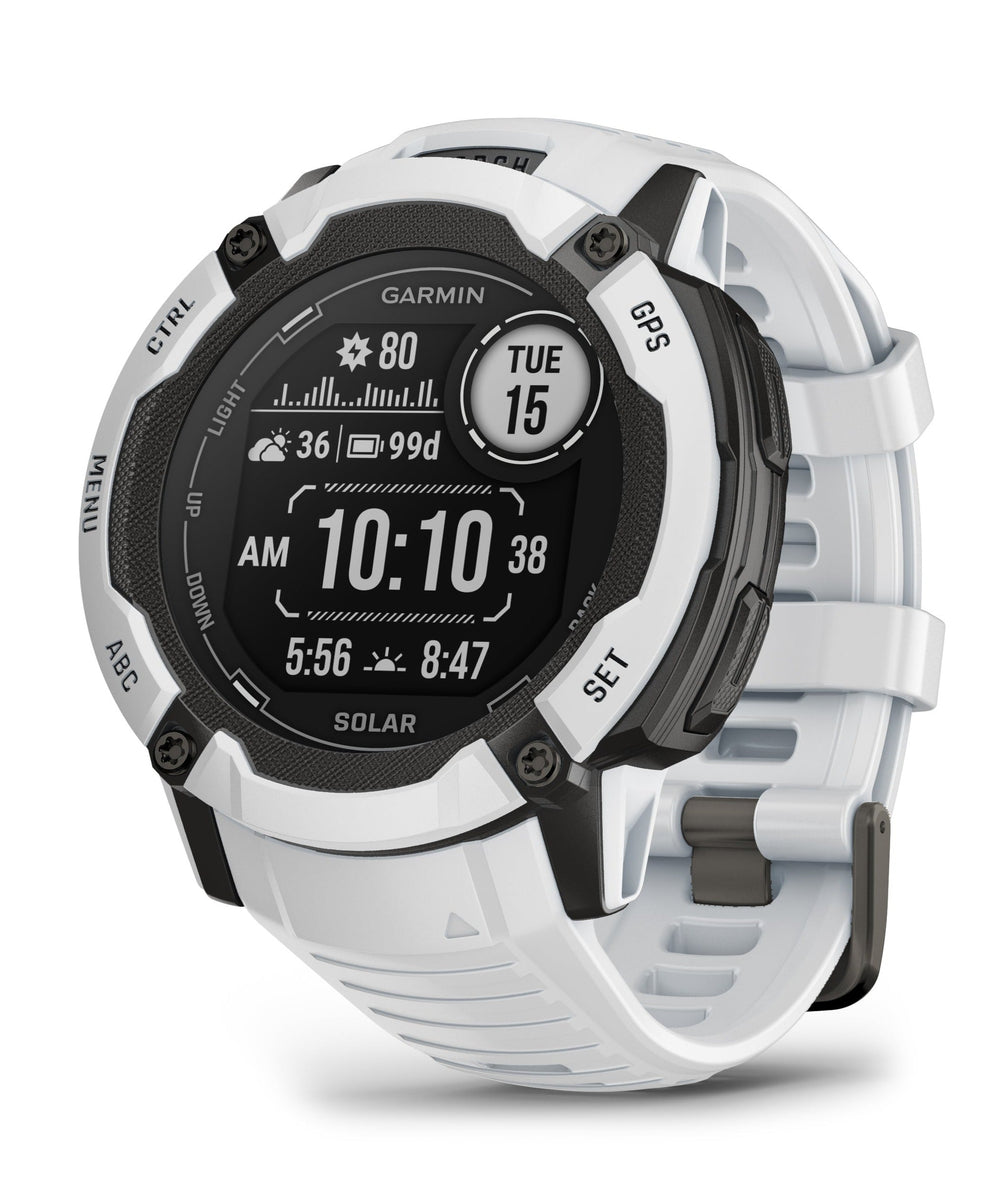 Front view of the Garmin Instinct 2X Solar Rugged Smartwatch in Whitestone