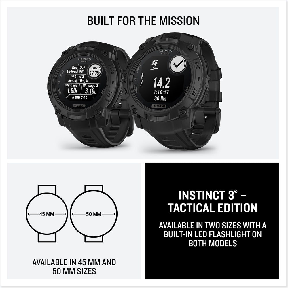 Garmin Instinct 3 Tactical Solar Edition available in two sizes