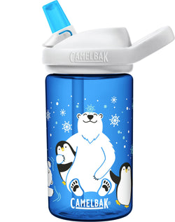 blue bottle with polar bear and penguins and snow flakes  camelbak logo in white letters and blue bite valve and white lid  