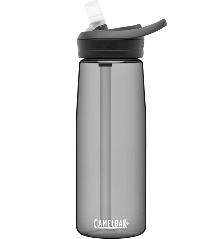 gray bottle with camelbak logo in white letters, clear bite valve and black lid   