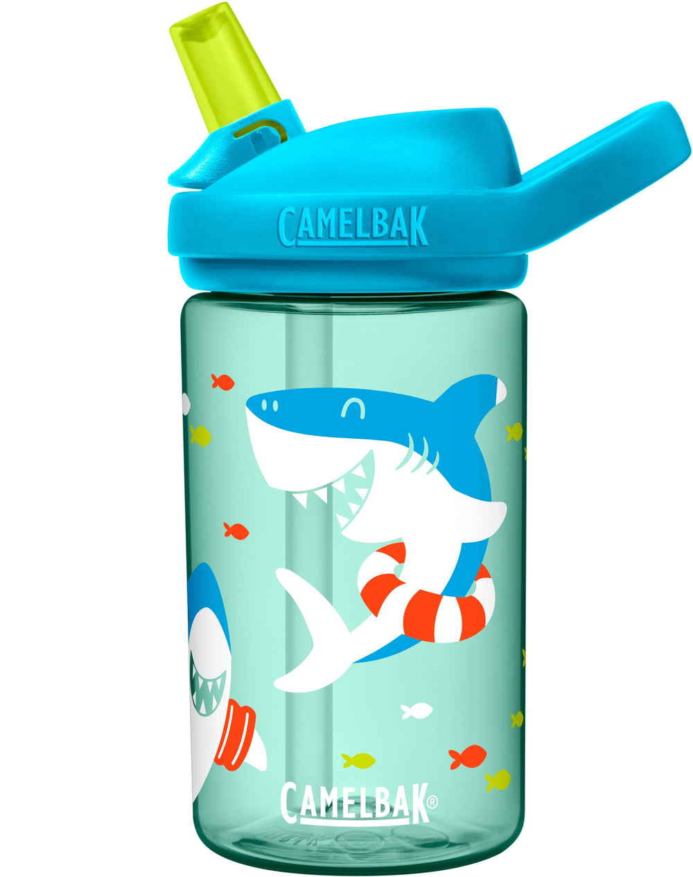 light teal bottle with happy sharks playing with life preserver and swim fins  camelbak logo in white letters with green bite valve and teal lid 