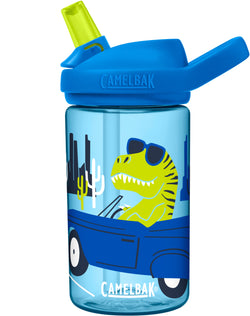 Light blue bottle with a green dinosaur wearing sunglasses and driving a dark blue car , cactus plants is yellow and white, camelbak logo in white letters with a green bite valve and blue lid 
