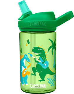 green bottle with dinosaurs playing instruments  camelbak logo in white letters with green bite valve and green lid 