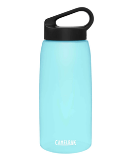 sky blue wide bottle with black loop style lid, camelbak lettering in white letters 