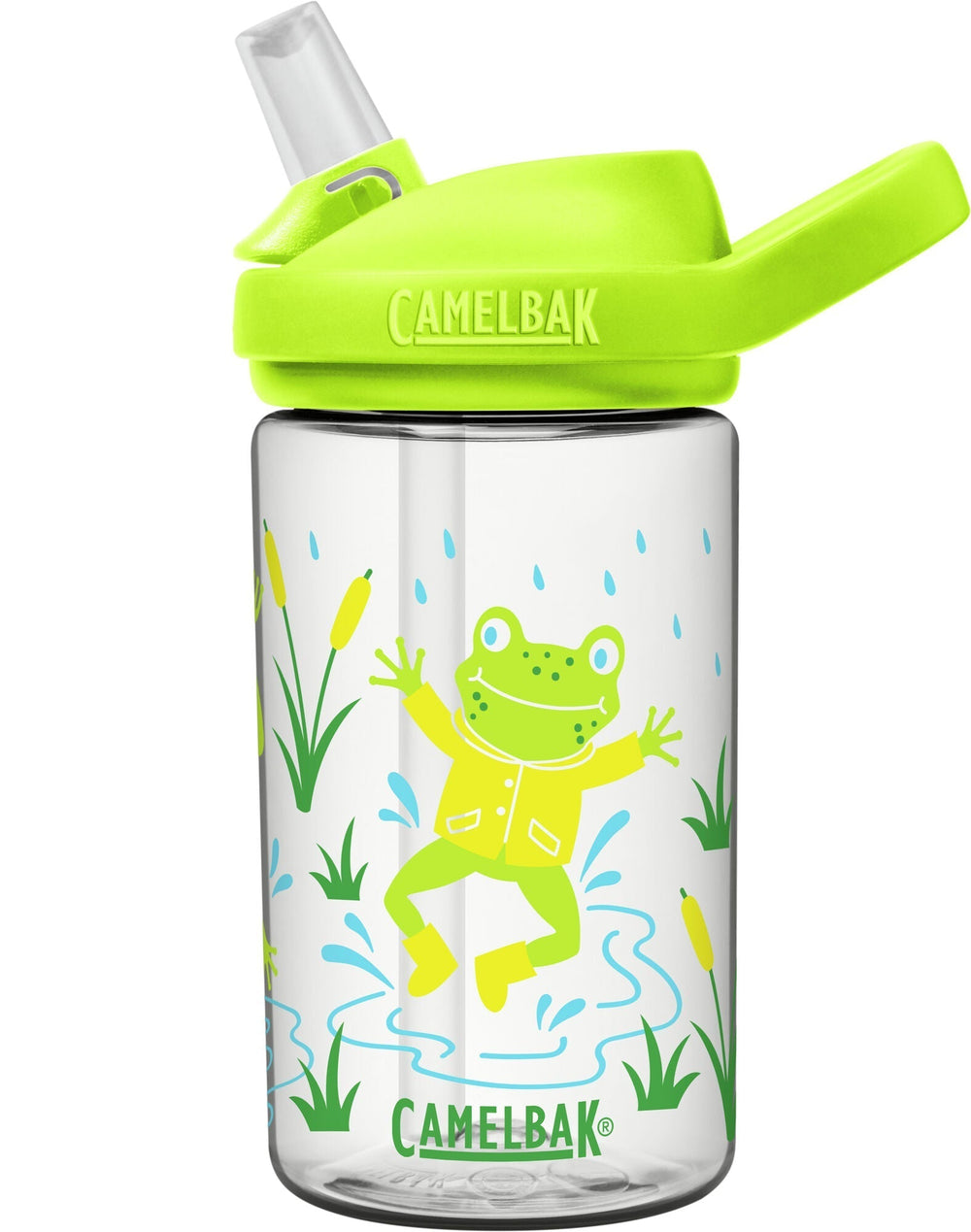 clear bottle with happy frog wearing a yellow sweater jumping in the pond camelbak logo in green letters with clear bite valve and lime green lid 
