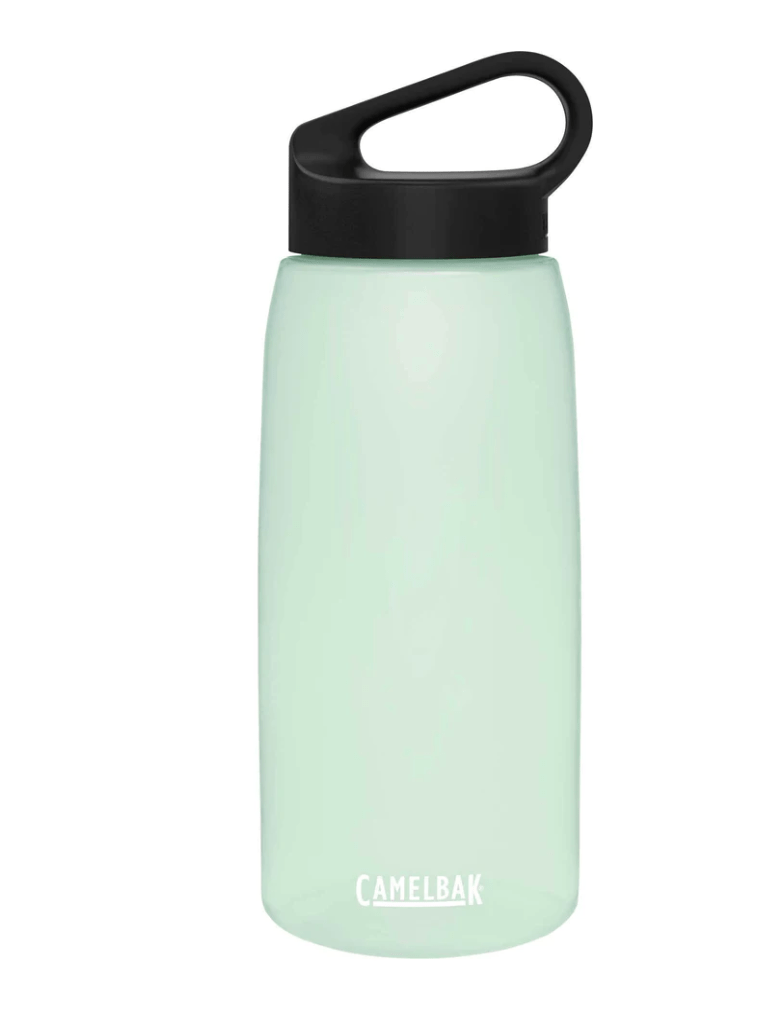 wide pale green bottle with black loop style cap camelbak lettering in white 