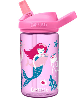 pink bottle with a mermaid hugging a narwhal , camelbak logo in white letters with a pink bite valve and pink lid 