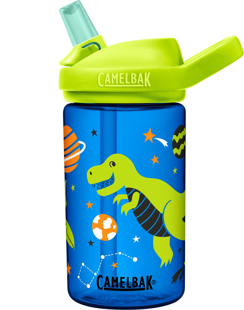 blue bottle with green dinosaur in space with planets around camelbak logo in black letters with green bite valve and green lid  