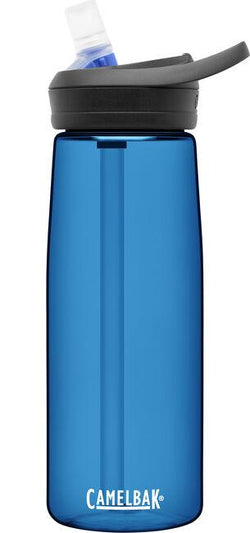  blue bottle , camelbak logo in white letters with clear bite valve and black lid 