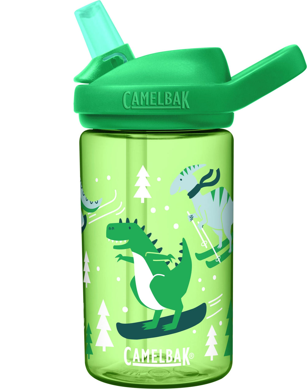 light green bottle with dinosaurs snowboarding and skiing with pine trees , camelbak logo in white letters  green bite valve and green lid 