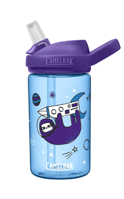 light blue bottle with a purple sloth hanging from a rocket ship, camelbak logo in white letters with a clear bite valve and purple lid 