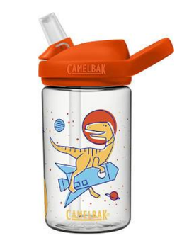 clear bottle with a dinosaur blasting off into  outer space  on a rocket ,  camelbak logo in yellow letters with a clear bite valve and red lid 