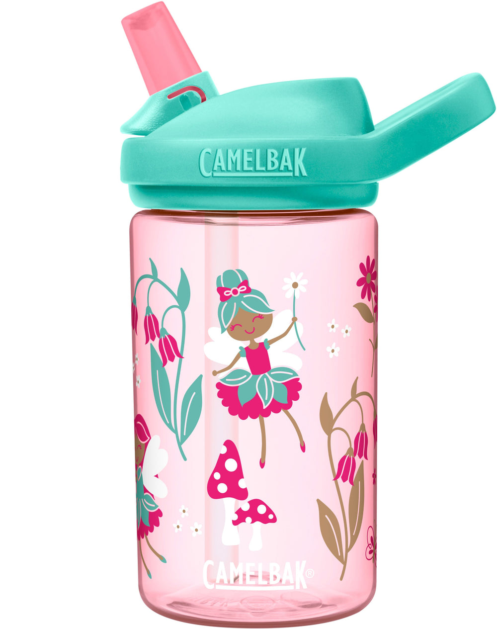 pink bottle with floating fairies , flowers and  toadstools in pinks and teal camelbak logo in white letters with pink bite valve and teal lid