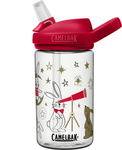 Clear bottle with a rabbit looking thru a telescope and other bunnies  in tan and white with camelbak logo in black letters with a clear bite valve and red lid 