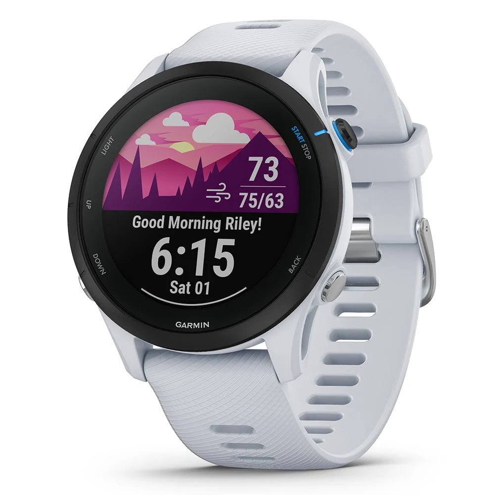 Front view of the Garmin Forerunner 255 in White 45 MM