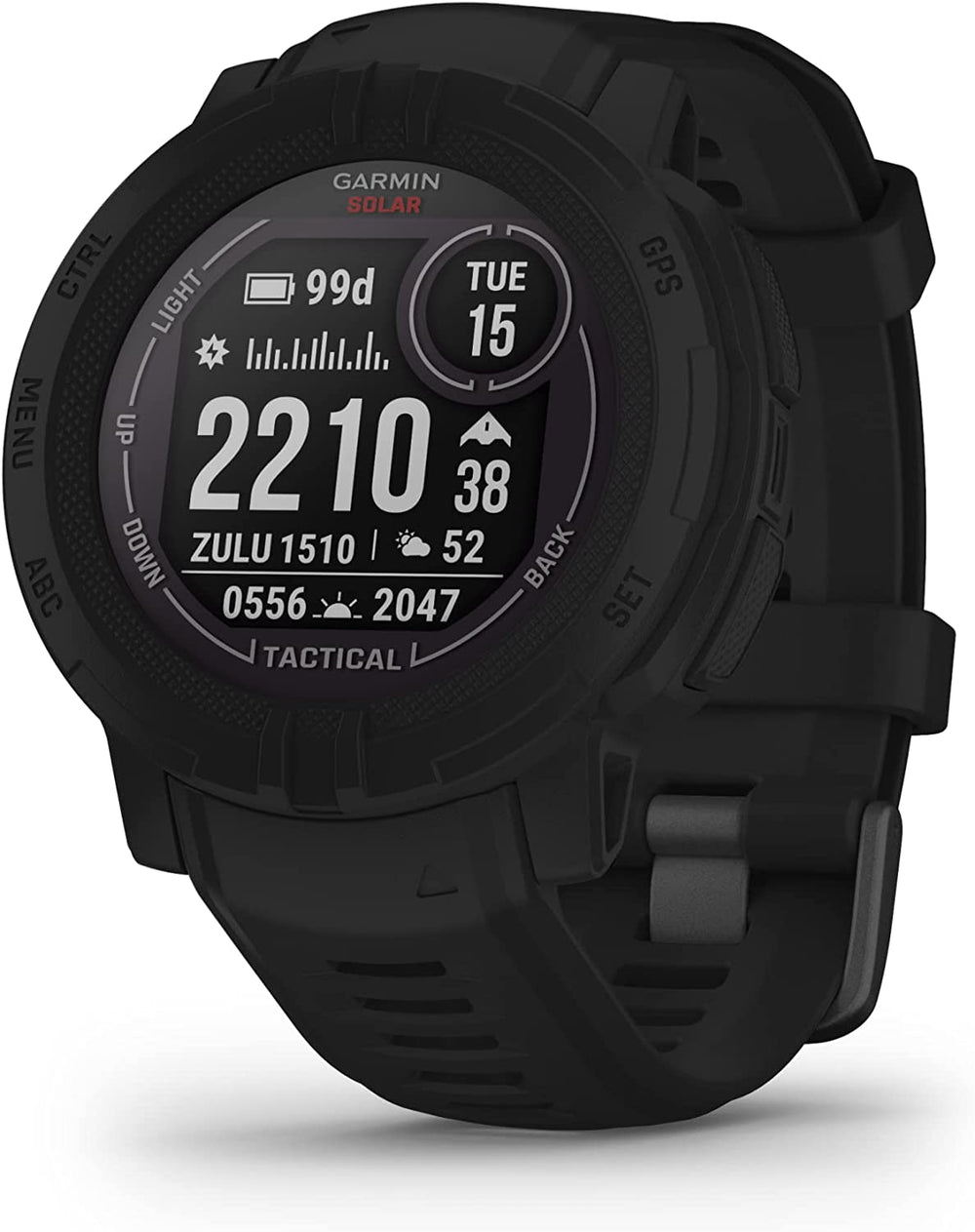 Front view of the Garmin Instinct 2 GPS Rugged Smartwatch Multi-Sport Watch  45 mm Solar Tactical Edition in Black