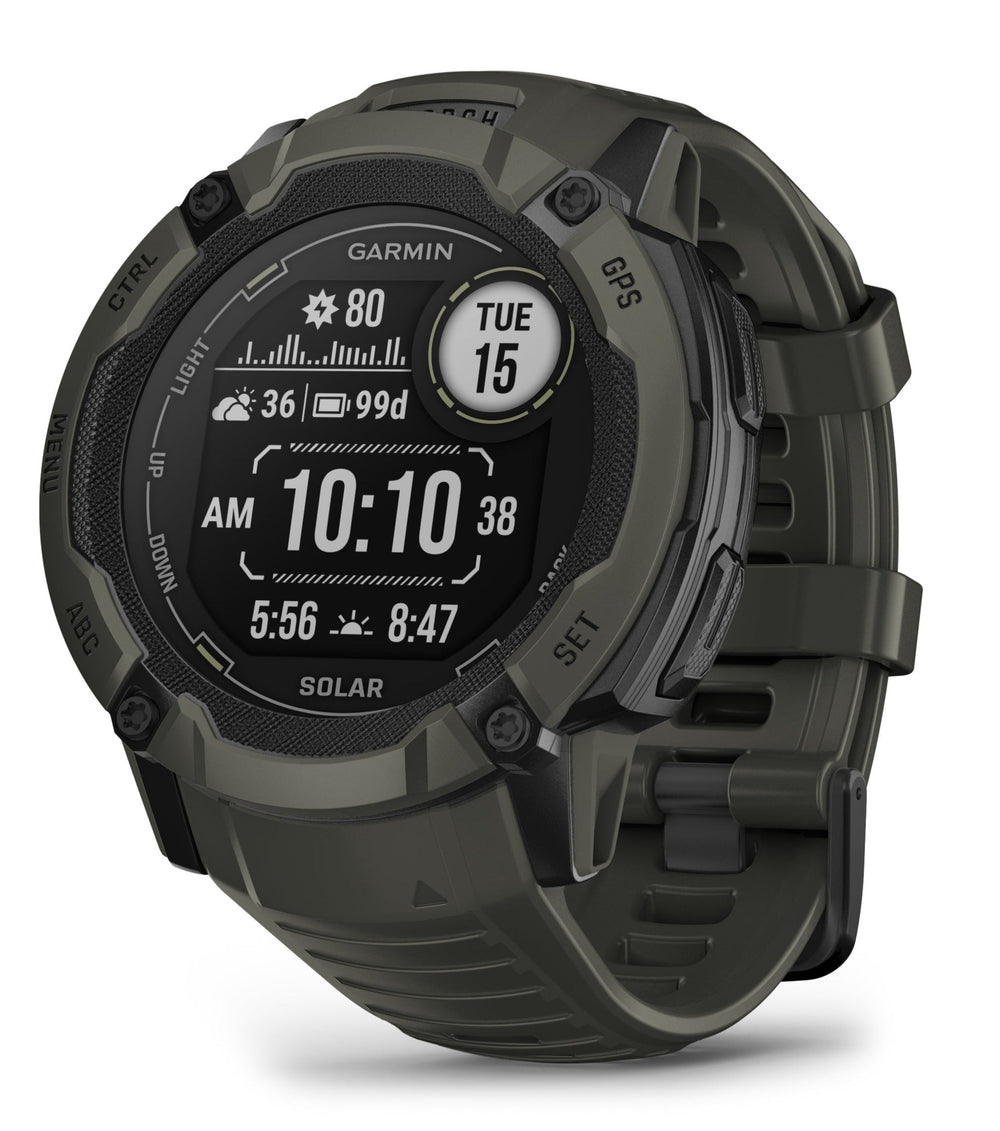 Front view of the Garmin Instinct 2X Solar Rugged Smartwatch in Moss  