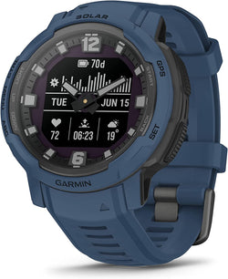 Front view of Garmin Instinct Crossover Rugged Hybrid Smartwatch Solar Edition in Tidal Blue