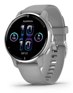 Front view of the Garmin Venu 2 Plus Smartwatch in Powder Gray 